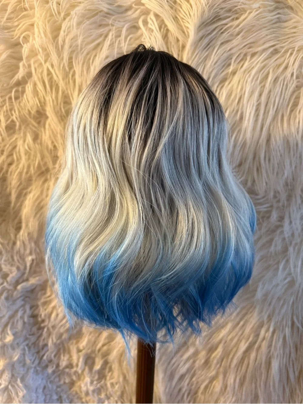 Ombre Blue to Silver Short Wavy Women's Wig with Bangs